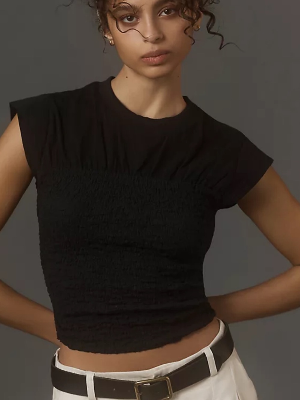 Anthropologie Black Smocked Crop Top